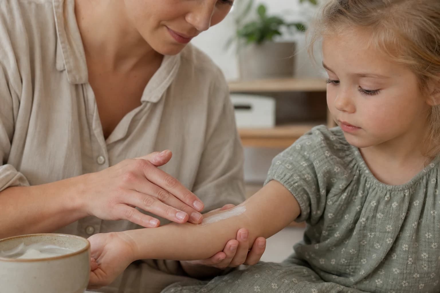 A parent applies fragrance-free cream to a child’s forearm at home